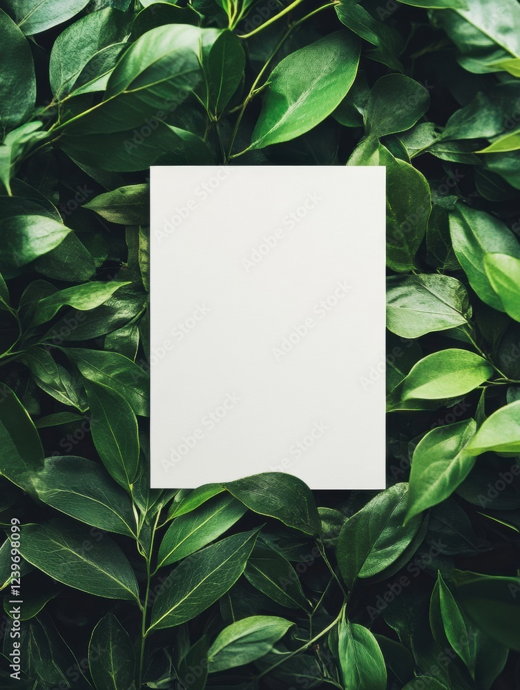 Poster blank paper surrounded by vibrant green leaves on a natural backdrop for creative projects and desig