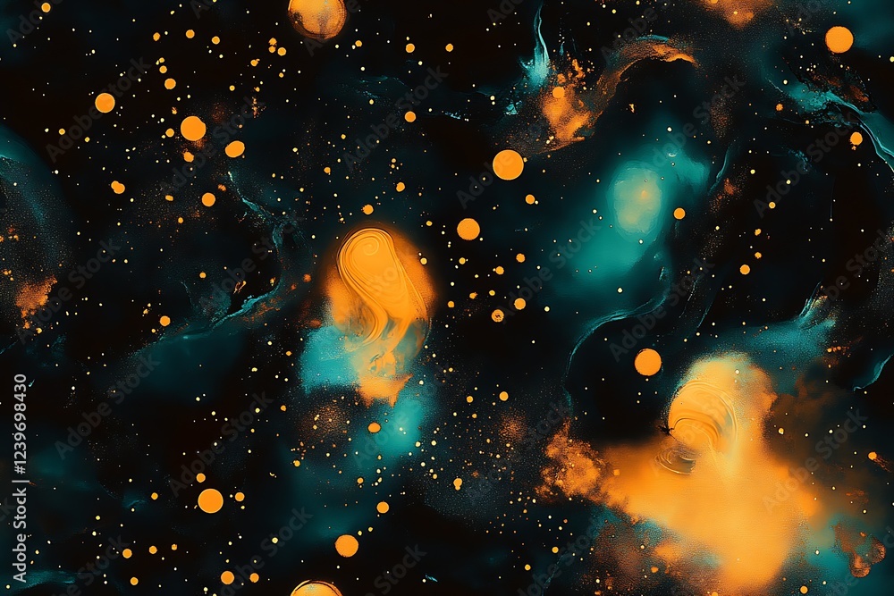 Poster dynamic cosmic artwork showcasing vibrant colors and swirling celestial elements in a dark atmospher