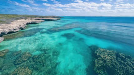 Fototapeta premium Vibrant Turquoise Ocean Meets Sandy Shoreline Under Blue Sky