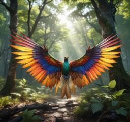 Obraz premium Colorful wings spread wide on a branch in a lush forest , foliage, insects, nature