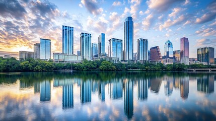 Obraz premium Austin skyline at sunset reflecting in the tranquil water creating a picturesque scene