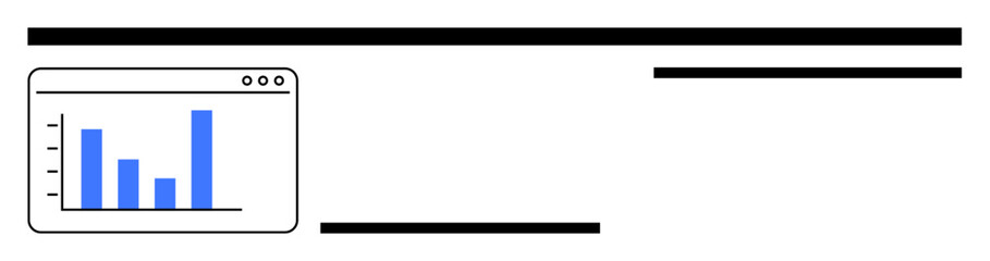 Fototapeta premium Browser window displaying a vertical bar chart with three bars in blue, surrounded by abstract black lines. Ideal for data analysis, business growth, digital reports, marketing, technology