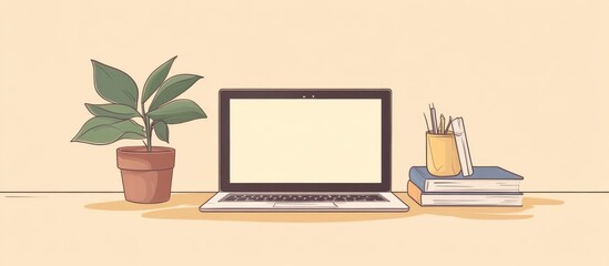 Home Office Workspace: Laptop, Plant, Books, Calm Minimalist Desk Setup