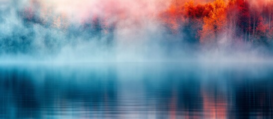 Fototapeta premium Misty Autumn Lake with Colorful Reflections - Serene Nature Scene