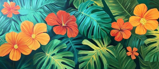 Fototapeta premium Vibrant Tropical Flowers and Lush Monstera Leaves Painting