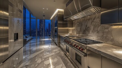 Modern luxury kitchen with city view at night.