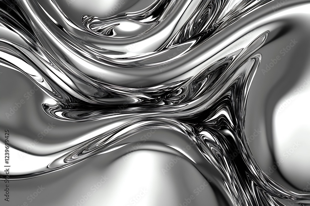 Poster Intricate Liquid Silver Design with Flowing Shapes and Reflections for Modern Aesthetic : Generative AI