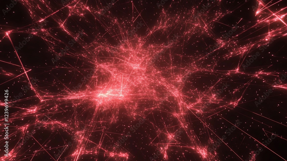 Poster abstract red network with glowing nodes connecting in a vast dark space