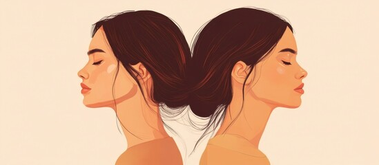 Twin Women Serene Profile Portrait, Beige Background, Minimalist Style