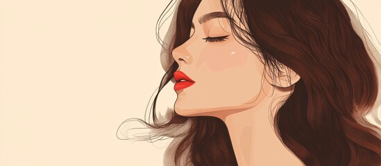 Naklejka premium Serene Woman, Closed Eyes, Red Lips, Beige Background, Minimalist Portrait