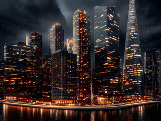 Naklejka premium Illuminated skyscrapers dominate the cityscape at night, reflecting lights on the river below brilliantly.