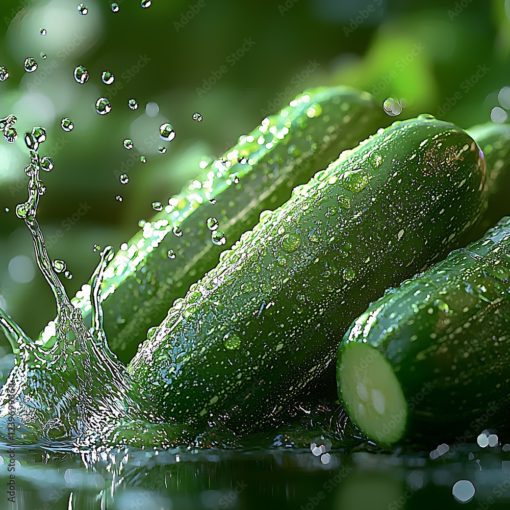 Poster vibrant cucumbers with water droplets creating a fresh and inviting culinary scene : generative ai