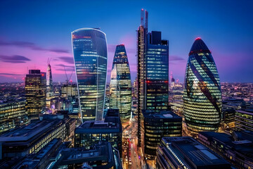 Obraz premium Illuminated Skyscrapers dominate Cityscape at Dusk, showcasing Architectural Wonders and Urban Splendor.