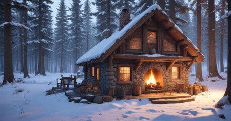 Cozy cabin in the snow-covered woods with a warm fireplace,  snug,  fireplace,  cabin
