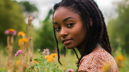Naklejka premium Beautiful African American woman picking wildflowers in a field on a sunny spring day