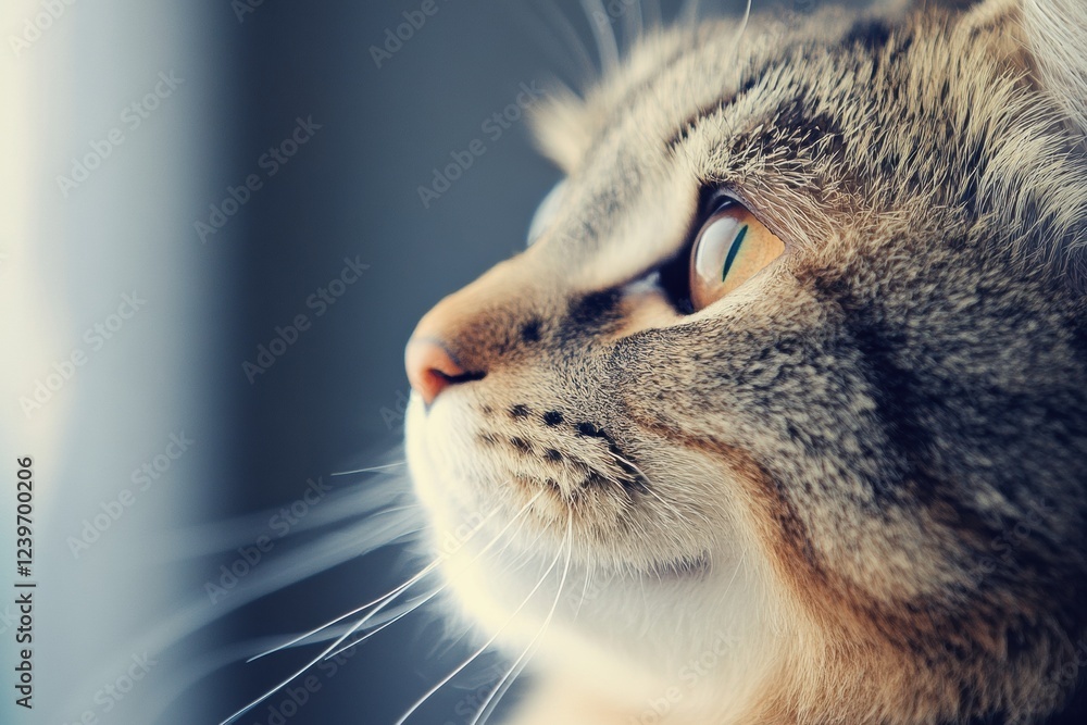 Poster cute gray tabby cat gazing thoughtfully out the window while sunlight illuminates its fur. generativ