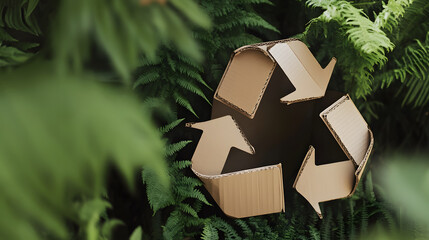 Sustainable recycling symbol made from recycled cardboard, surrounded by green plants