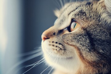 Cute gray tabby cat gazing thoughtfully out the window while sunlight illuminates its fur. Generative AI