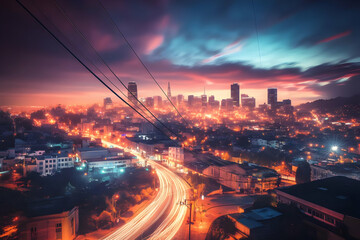 Vibrant Cityscape Illuminates Under Dramatic Sunset with Light Trails Weaving Through Streets at Night