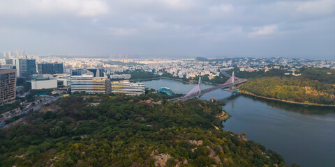 Aerial panoramic view of Durgam Cheruvu bridge in Hyderabad city, India