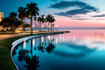 Palm Trees Reflect in Calm Water at Sunset along a Tranquil Tropical Waterfront Promenade