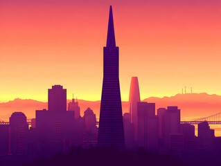 Obraz premium Cityscape Silhouette Stands Tall Against a Vibrant Sunset Sky with Mountains in Background