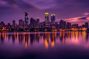 Fototapeta premium Cityscape Reflects in Calm Water at Dusk with a Purple and Orange Sky