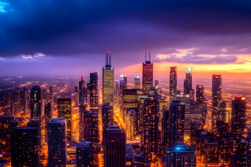 Obraz premium Cityscape Illuminated Under a Dramatic Sunset Sky