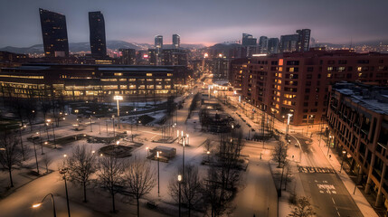 Fototapeta premium Modern Cityscape Illuminates with Warm Lights Reflecting on Snow-Covered Streets at Night