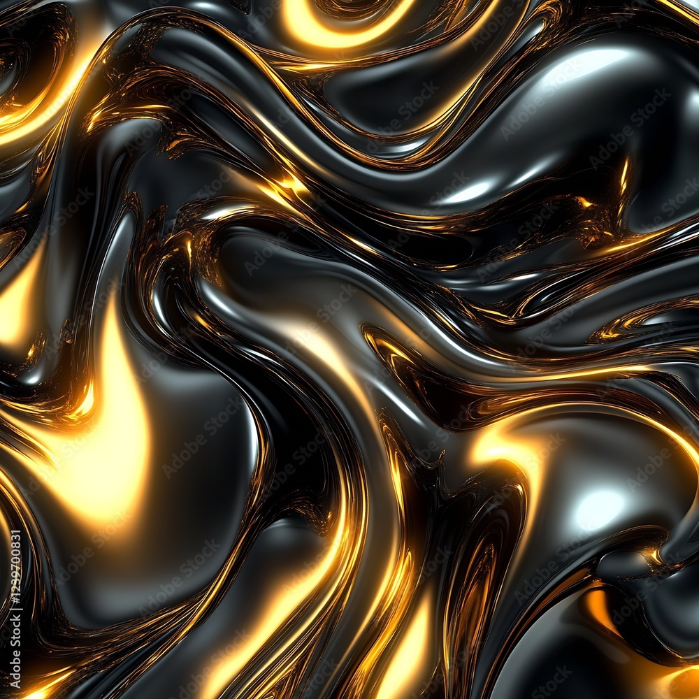 Leinwandbilder dynamic gold and black fluid waves in a glossy surface creating abstract art : generative ai