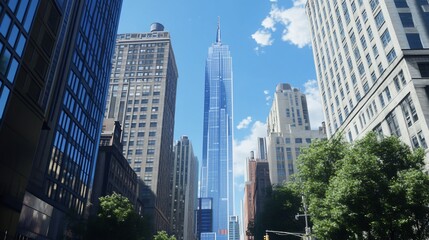 Towering Skyscraper Reaching for Blue Sky Amidst Urban Landscape of New York