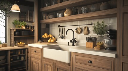 Fototapeta premium Rustic kitchen interior featuring wooden cabinets, farmhouse sink, and cozy lighting
