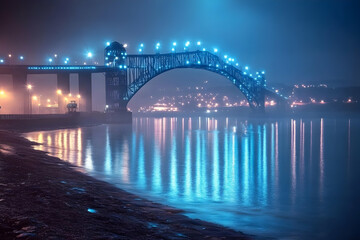 Naklejka premium Illuminated Arch Bridge Reflects in Misty Waters at Night with City Lights in Background