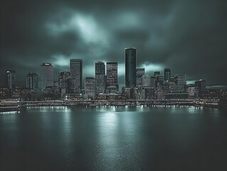 Obraz premium Cityscape at Night Reflects in Dark Water Under Moody Sky