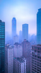 Obraz premium Modern Cityscape Shrouded in Fog with Skyscrapers Reaching for the Sky at Dusk
