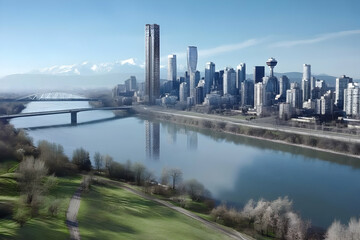 Fototapeta premium Modern Cityscape Reflects in Serene River with Majestic Mountains and Lush Green Park