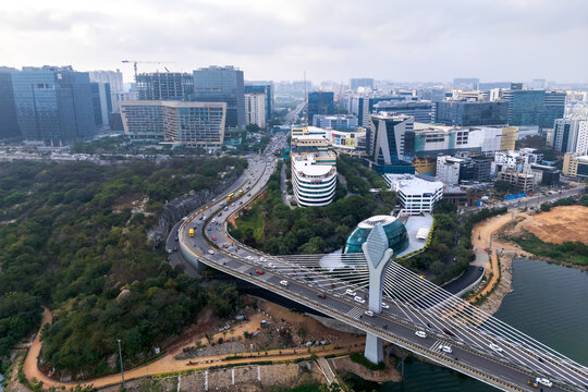 Aerial view of Hitec city Durgam Cheruvu n Hyderabad city, India.