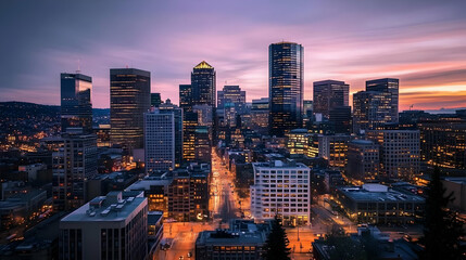 Obraz premium Cityscape at Dusk: Illuminated Buildings Stand Tall Underneath a Vibrant Sunset Sky