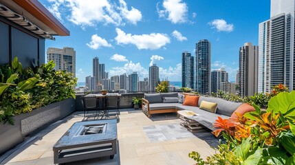 Luxury rooftop patio with city views and comfortable outdoor furniture