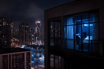 Urban Apartment Balcony Overlooks the City's Glowing Skyline at Night with Illuminated Windows