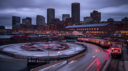 Fototapeta premium Cityscape with Train Passing by Carousel at Dusk under Cloudy Sky in Winter