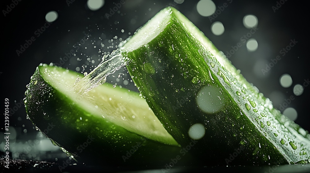Poster crisp green cucumber halves dripping with water for fresh and healthy visual feast : generative ai