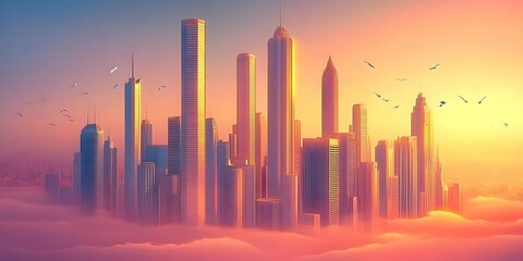Fototapeta premium Modern Cityscape Rises Above the Clouds at Sunset with Birds Soaring Peacefully