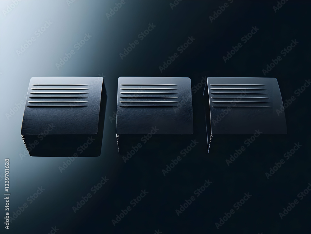 Poster three dark rectangular objects with ridges on a reflective surface under dramatic lighting