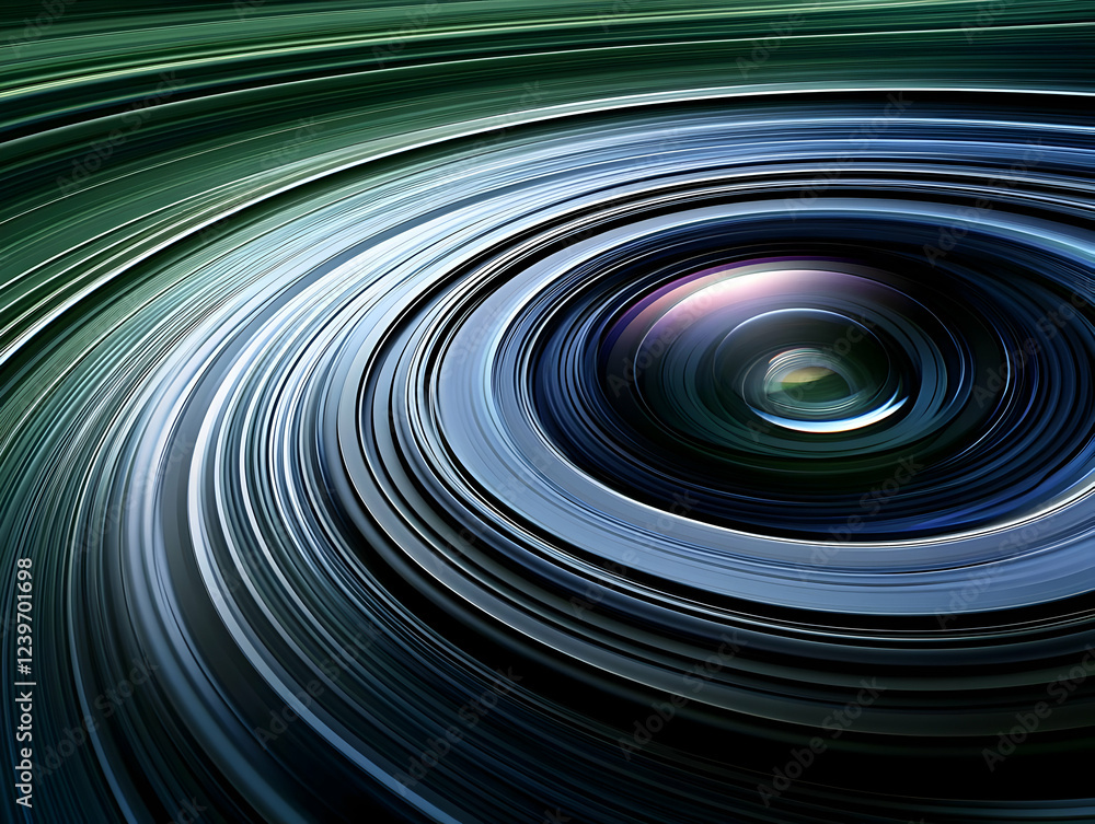 Poster abstract camera lens with swirling lines creates a dynamic visual in blue and green hues.