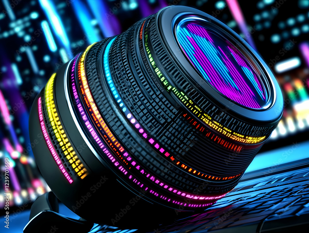 Poster futuristic camera lens displays data on keyboard with colorful lights in abstract background.