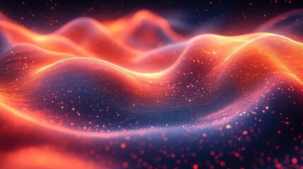 Obraz premium A mesmerizing visualization of dynamic, glowing waves of particles creating a vibrant and cosmic landscape with warm and cool tones blending in a digital abstract form.