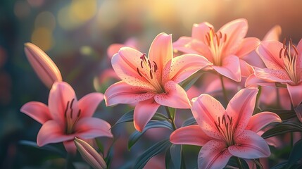 Obraz premium Ethereal Pink Lilies Blooming in Soft Golden Morning Light Romantic Floral Photography Botanical Aesthetic Imagery Macro Nature Photography Ethereal Pink Lilies Blooming