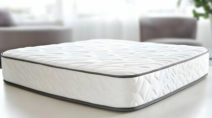 Fototapeta premium Comfortable Orthopedic Mattress Sits on a Table in a Bright Room Comfortably.