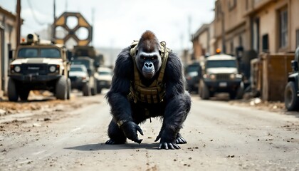 Gorilla in Military Gear on City Street Powerful Image